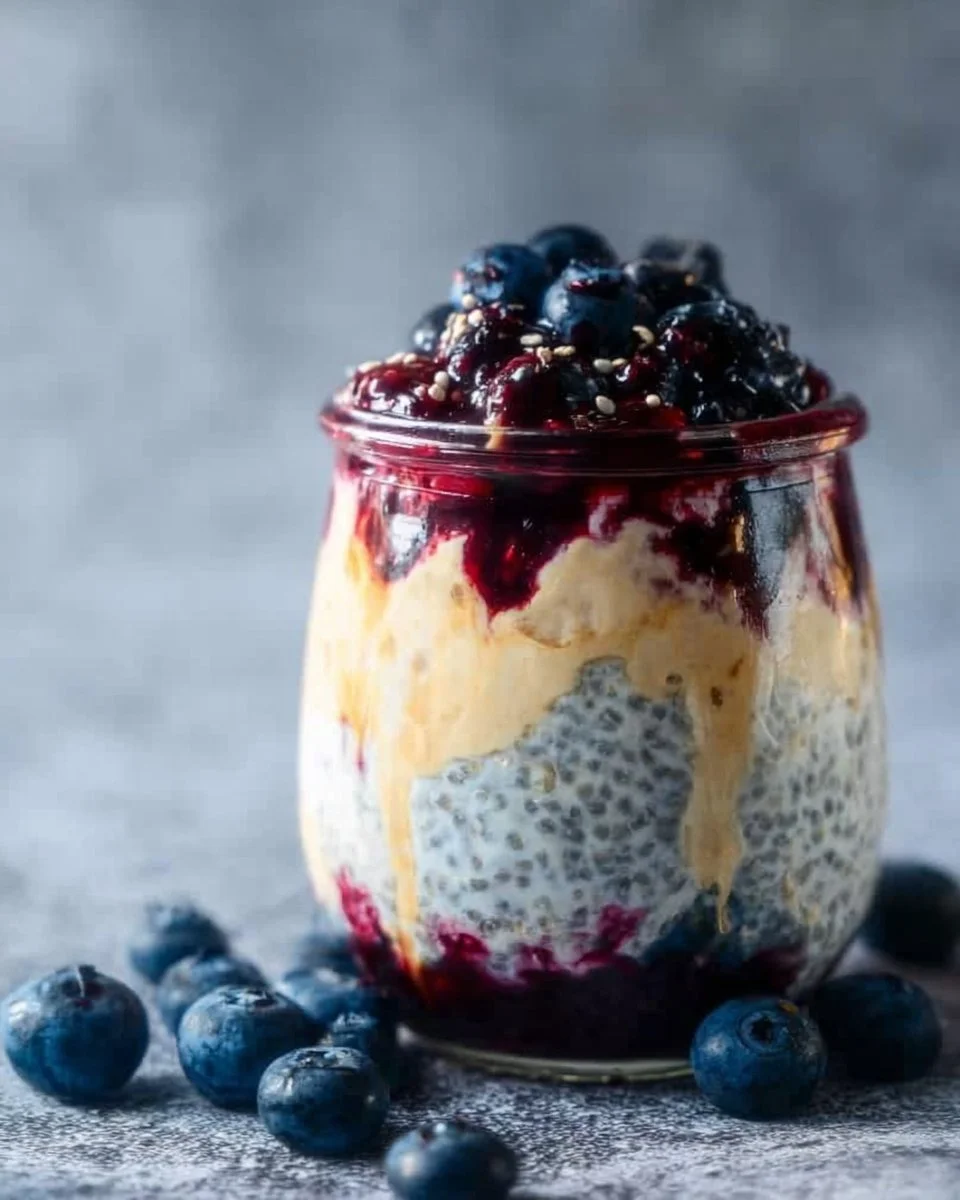 A bowl of blueberry cheesecake overnight oats topped with fresh blueberries.