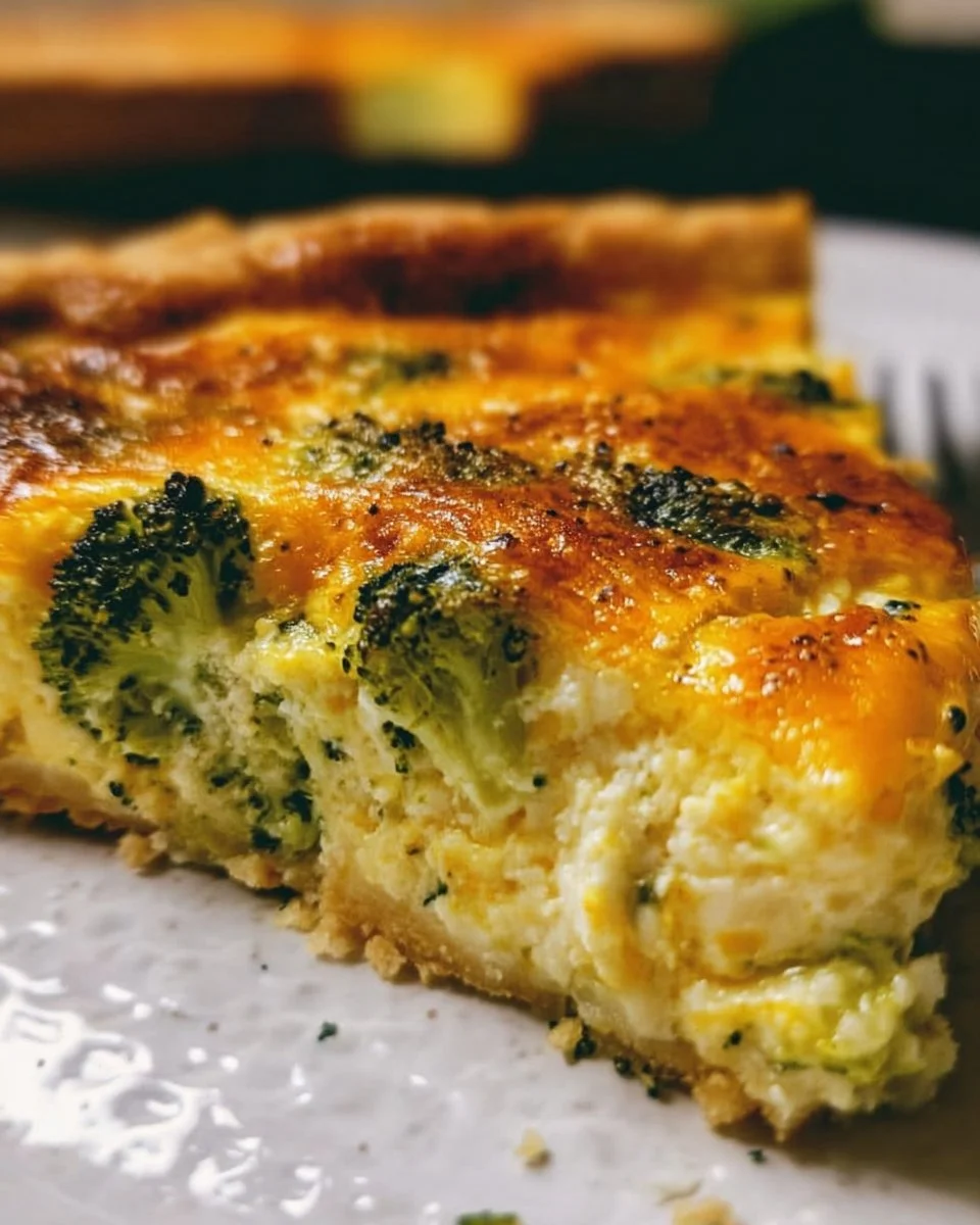 Broccoli cheddar quiche served on a plate with fresh herbs garnish