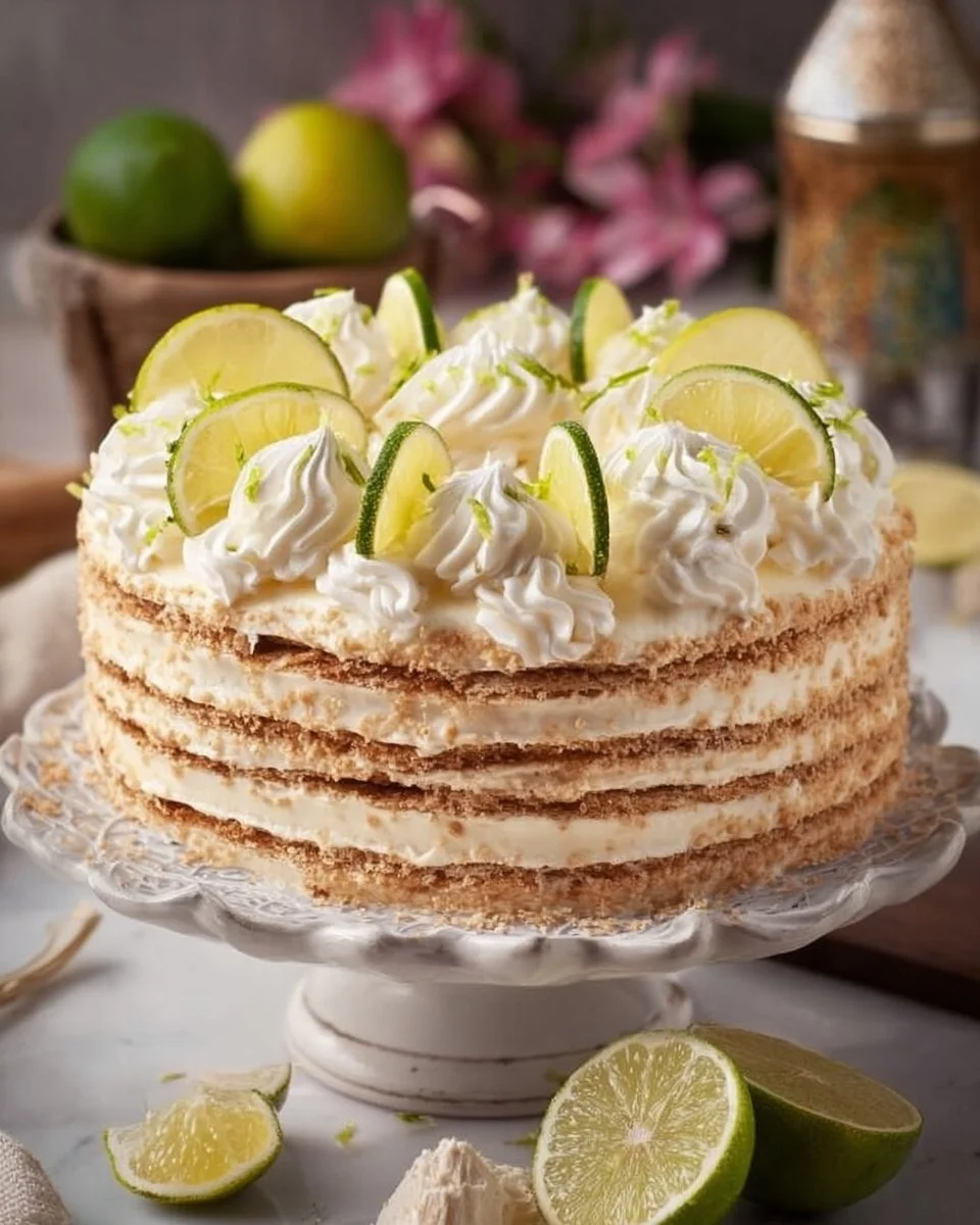 Delicious Carlota of Lime, a Mexican Icebox Cake made with lime and cookies.