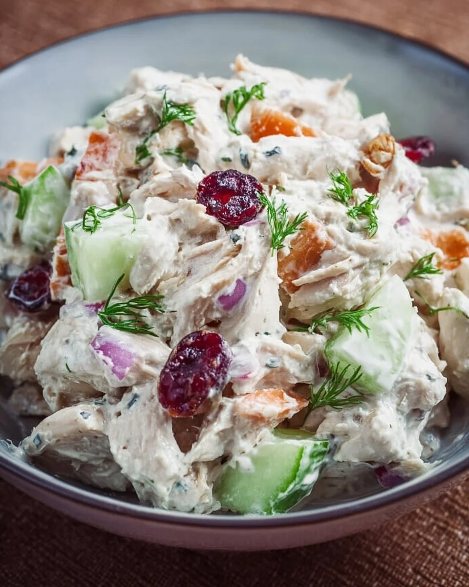Close-up of a colorful chicken salad with fresh vegetables and herbs.