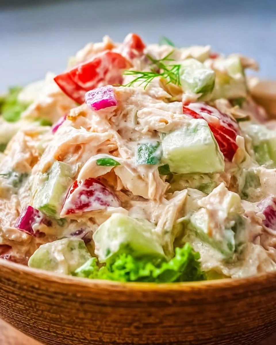Bowl of classic chicken salad with vegetables and dressing