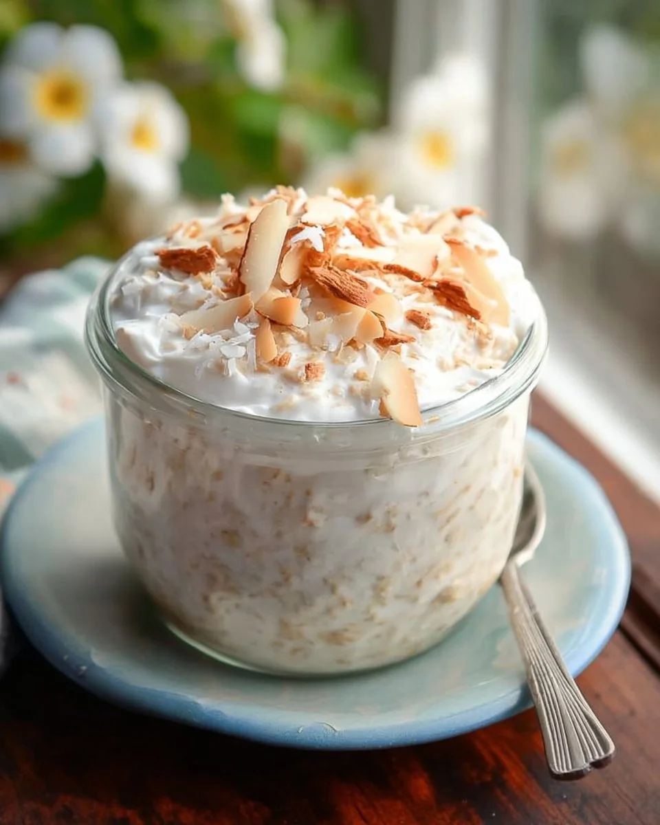 Coconut Cream Pie Overnight Oats topped with coconut and whipped cream