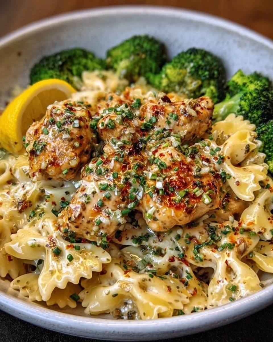 Cowboy Butter Lemon Bowtie Chicken served with broccoli on a plate