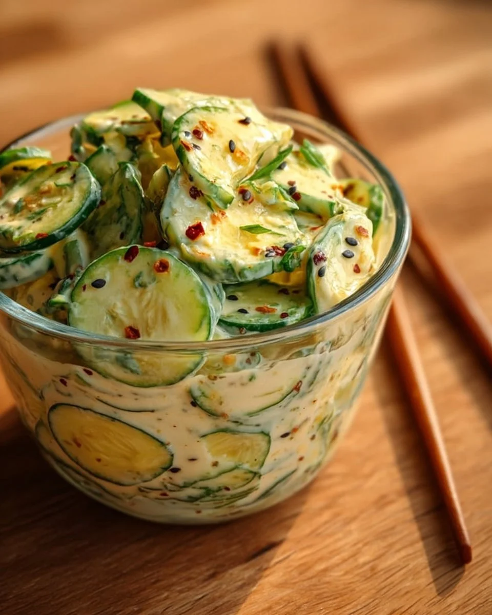 Creamy Asian cucumber salad bowl with fresh ingredients and vibrant colors