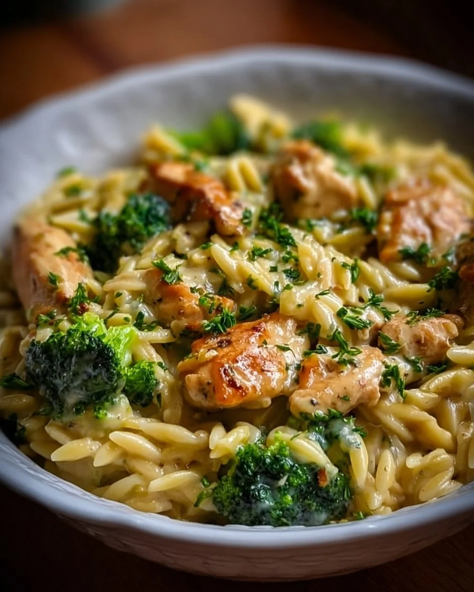 Creamy Chicken and Broccoli Orzo dish with tender chicken and fresh broccoli