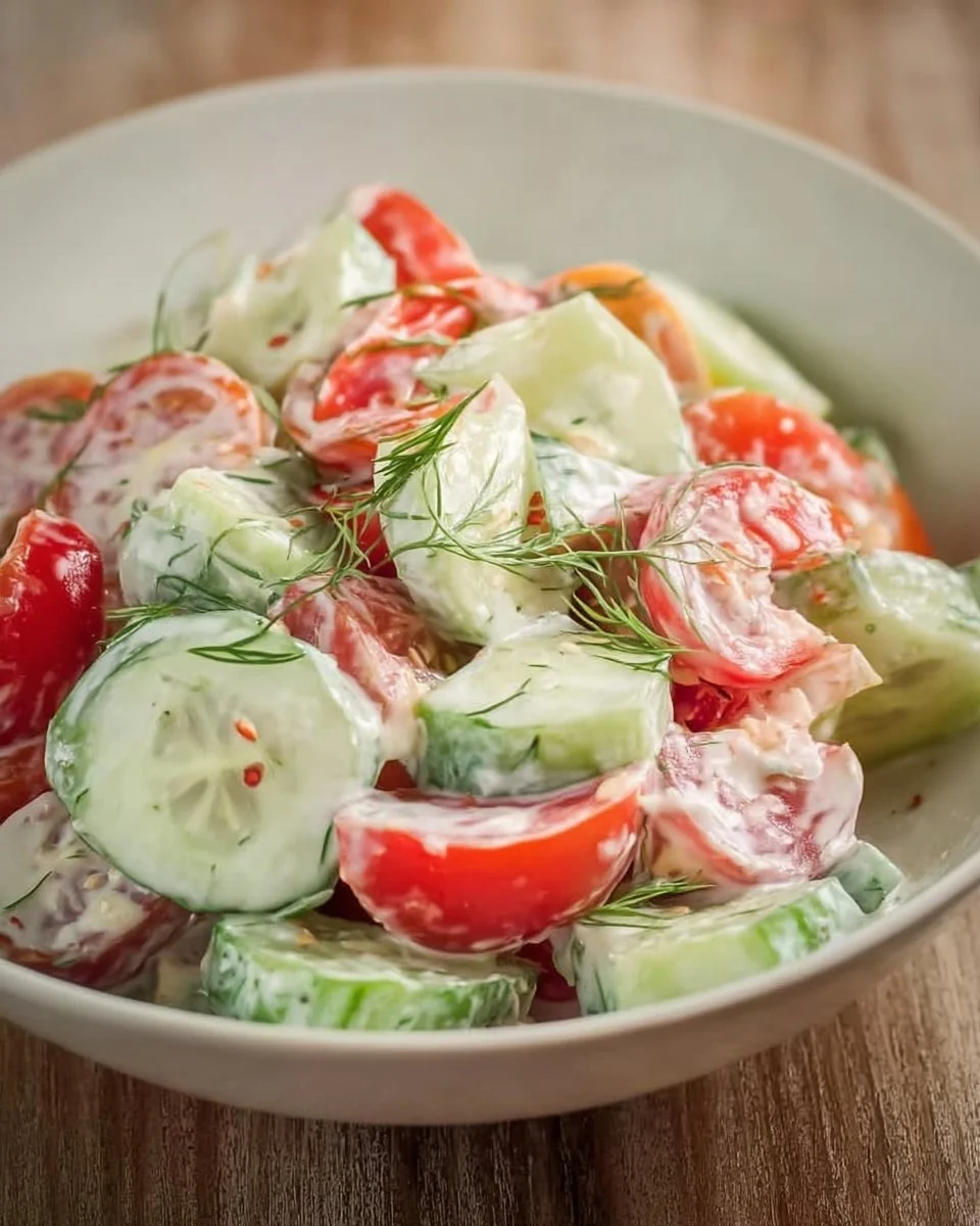 Creamy cucumber tomato salad with fresh ingredients in a bowl