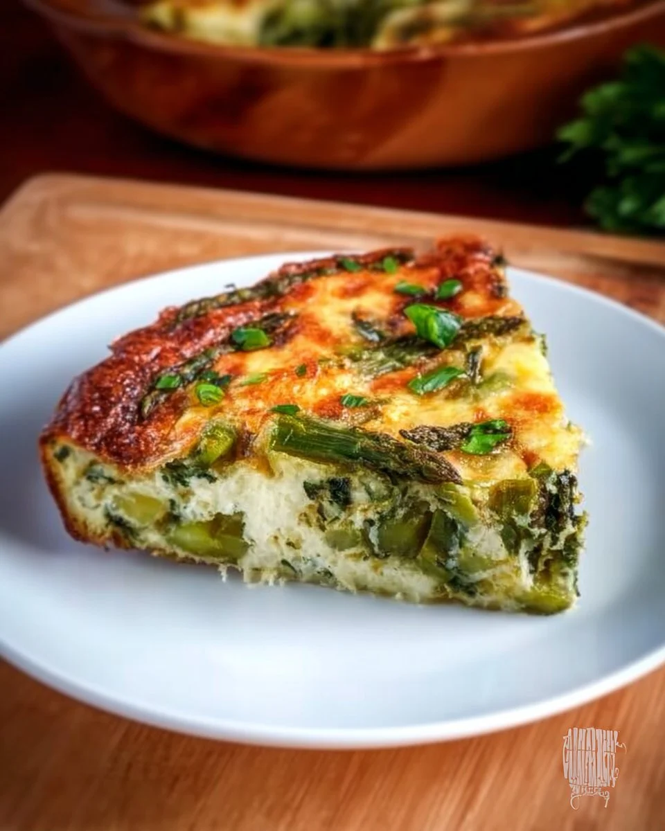 Crustless asparagus and spinach quiche served on a plate