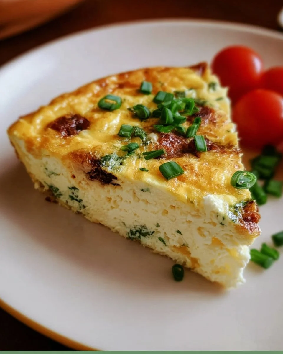 Crustless ricotta quiche served on a plate with fresh herbs