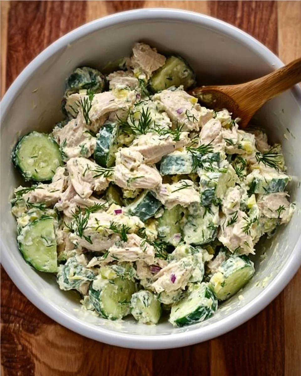 Cucumber Dill Rotisserie Chicken Salad with fresh herbs and vegetables