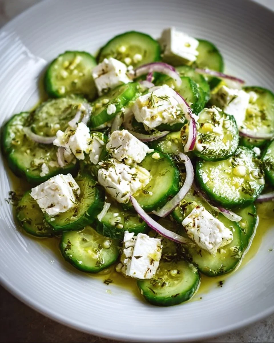 Cucumber Feta Salad with Lemon Greek Vinaigrette served in a bowl