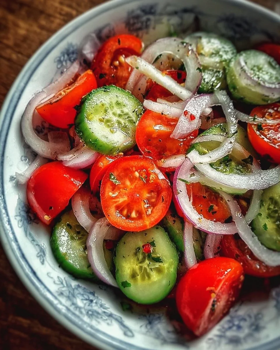 Cucumber Onion Tomato Salad in a bowl with fresh vegetables