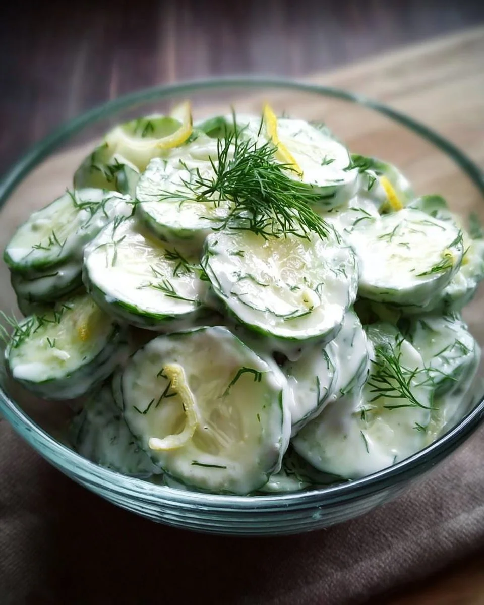 Cucumber salad with creamy dressing served in a bowl