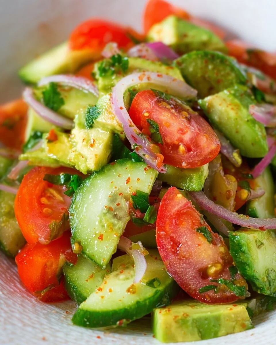 Cucumber Tomato Avocado Salad with fresh ingredients in a bowl