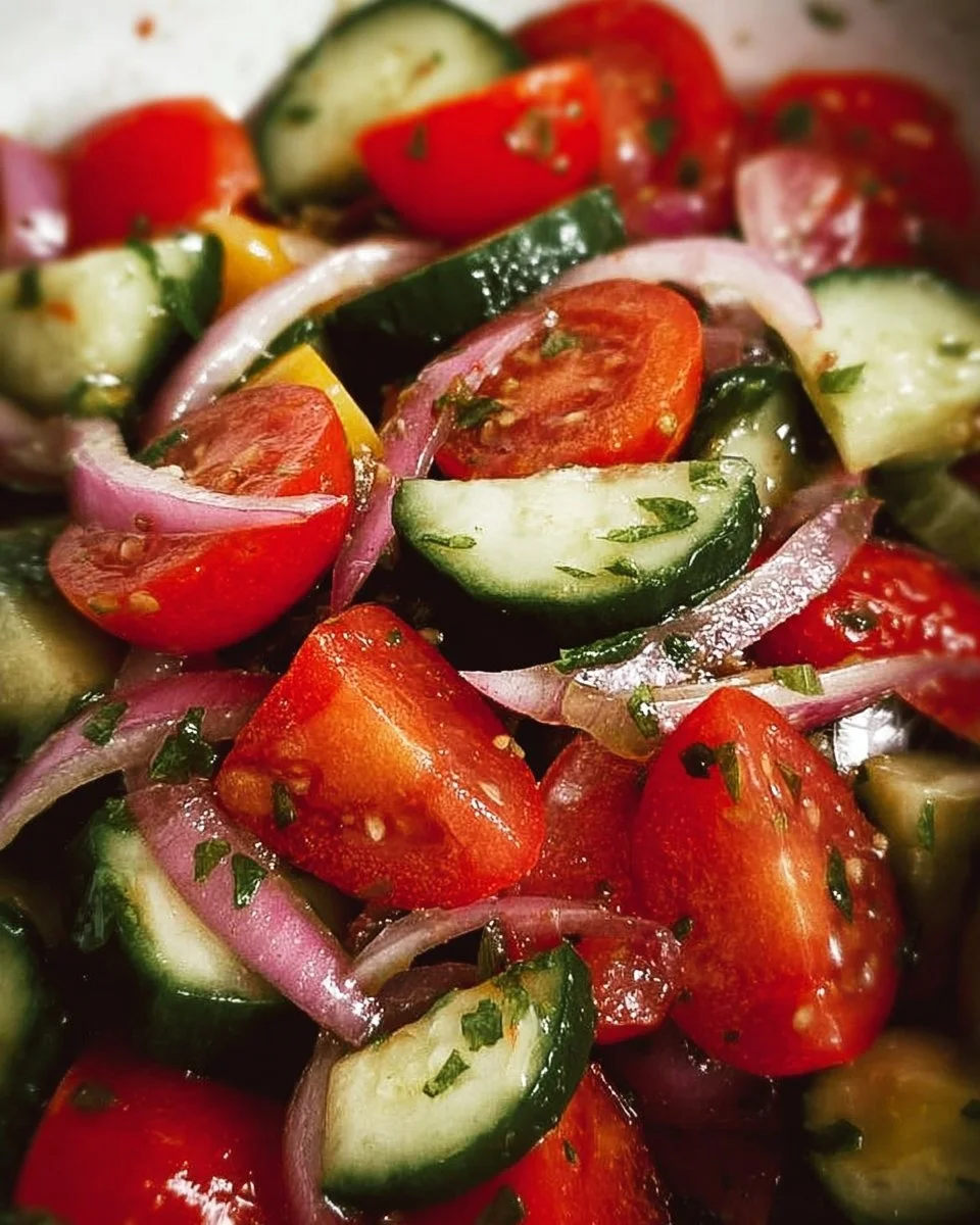 Fresh Cucumber Tomato Salad with herbs and dressing served in a bowl