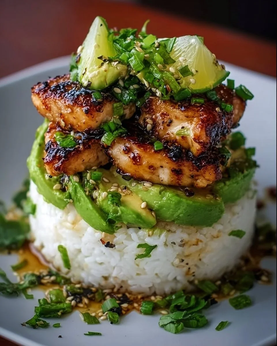 Honey lime chicken served with avocado rice stack on a plate