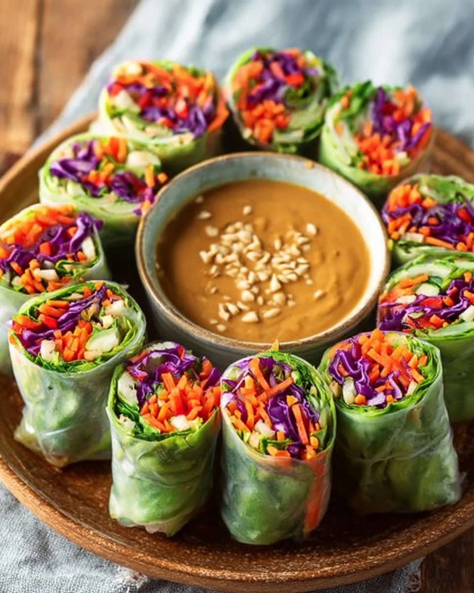 Fresh spring rolls served with homemade peanut sauce on a plate