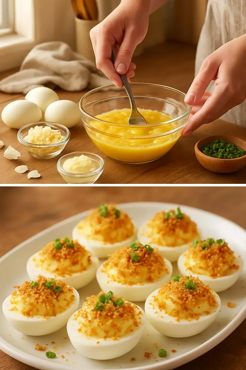 Plate of Garlic Parmesan Deviled Eggs garnished with herbs