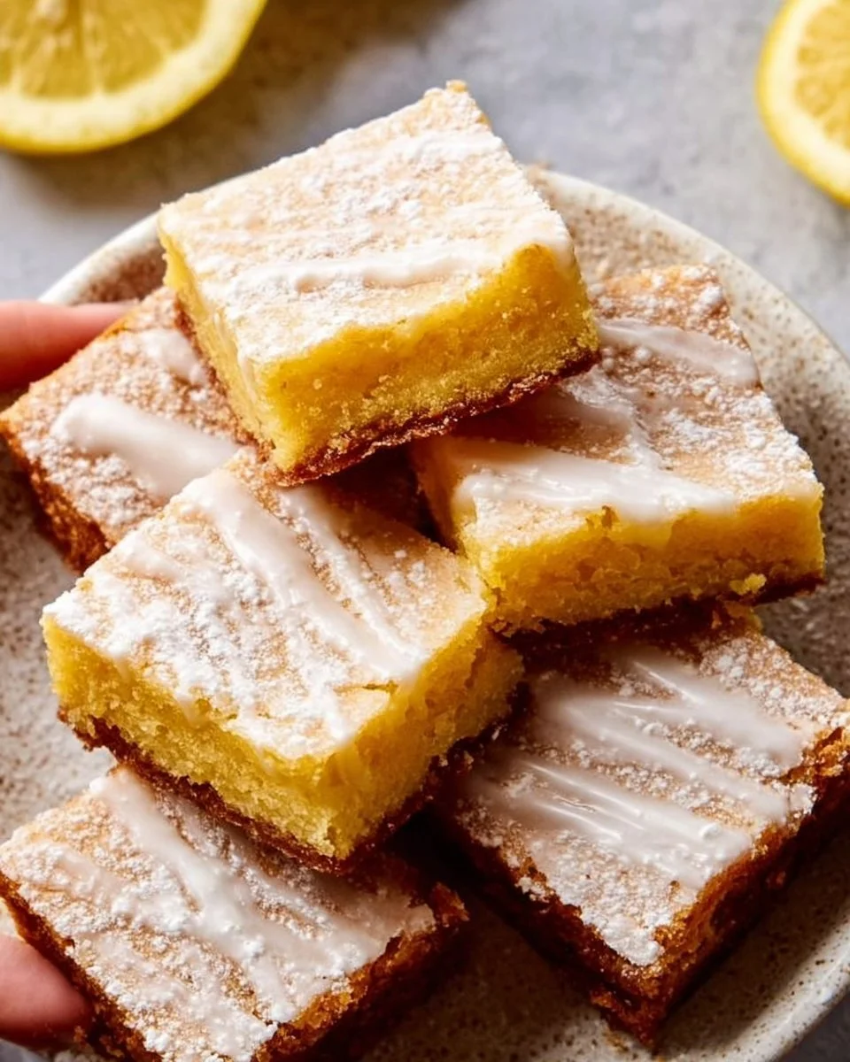 Delicious gluten free lemon brownies served on a plate with lemon zest decoration.