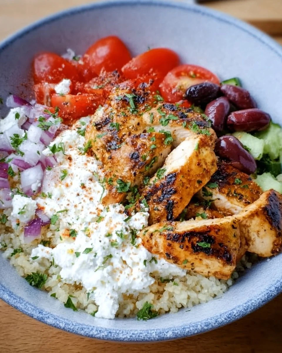 Delicious Greek Chicken Bowl garnished with fresh vegetables and tzatziki sauce