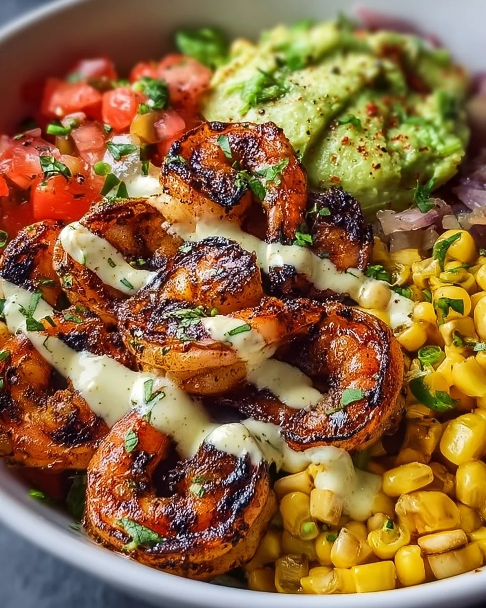 Grilled shrimp bowl with avocado, corn salsa, and creamy garlic sauce on a plate.