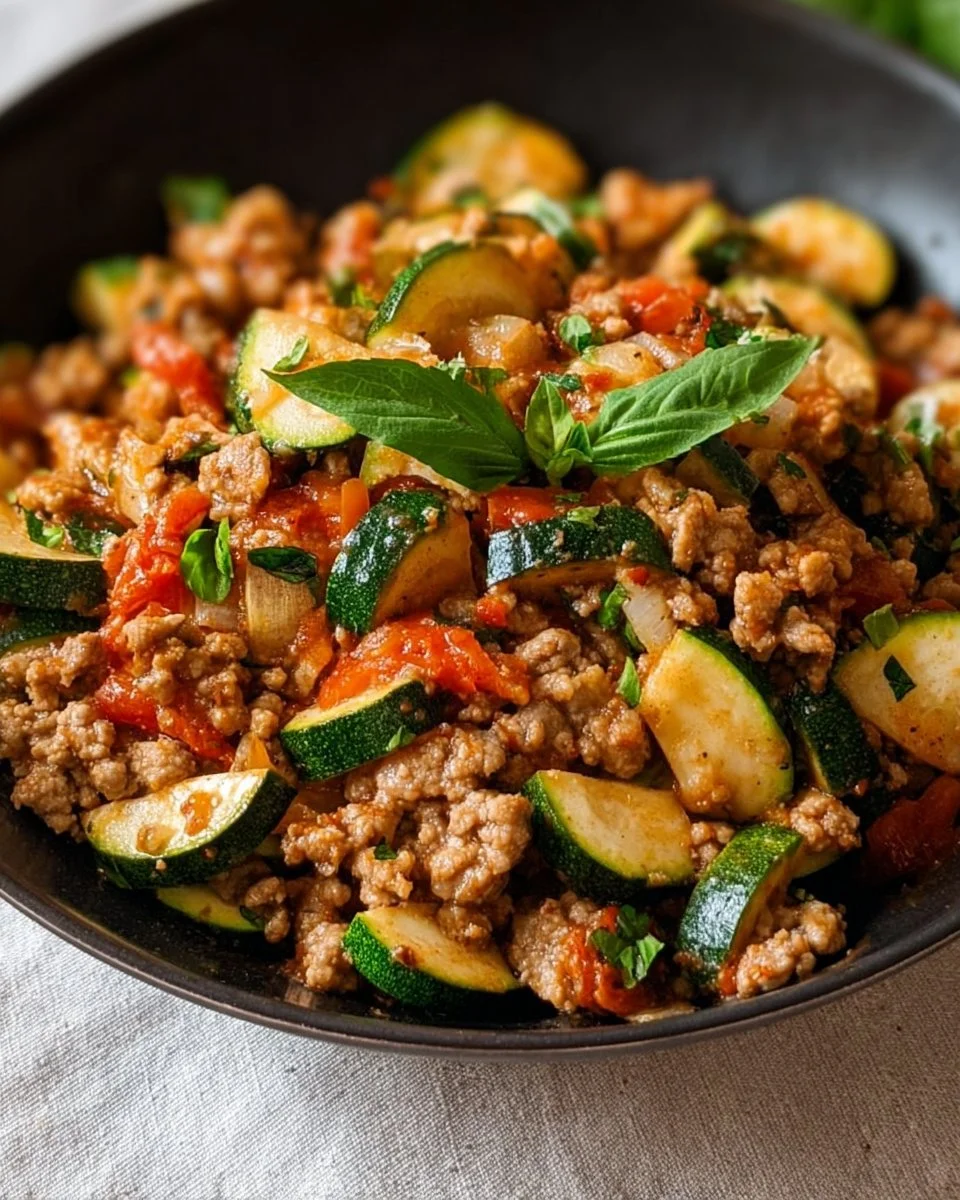 Ground Turkey and Zucchini Skillet served in a pan with fresh vegetables