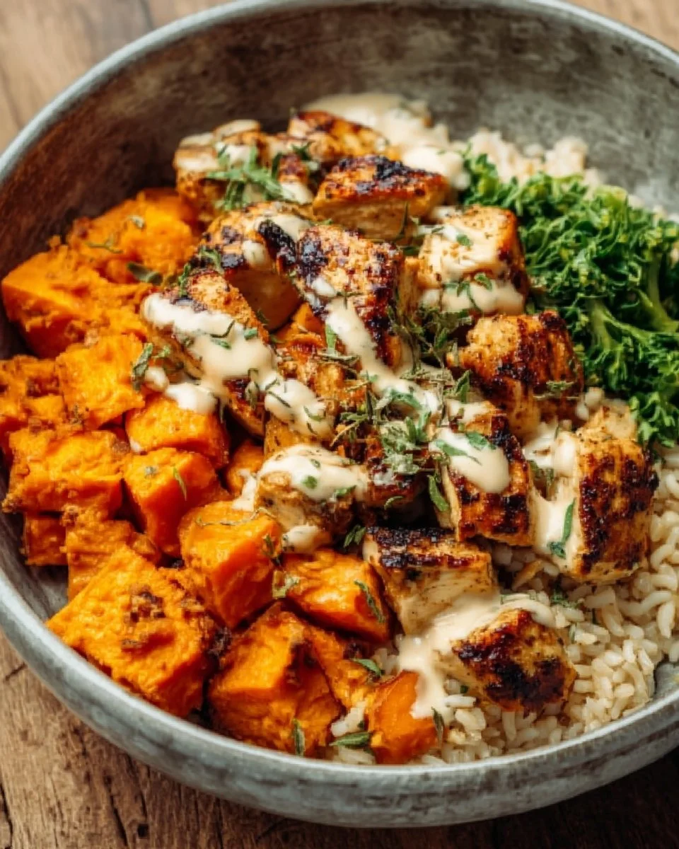 Healthy Chicken and Sweet Potato Rice Bowl with vibrant vegetables and spices