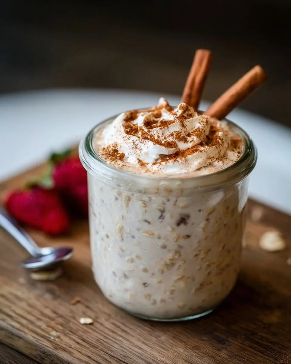Healthy cinnamon roll overnight oats ready for breakfast