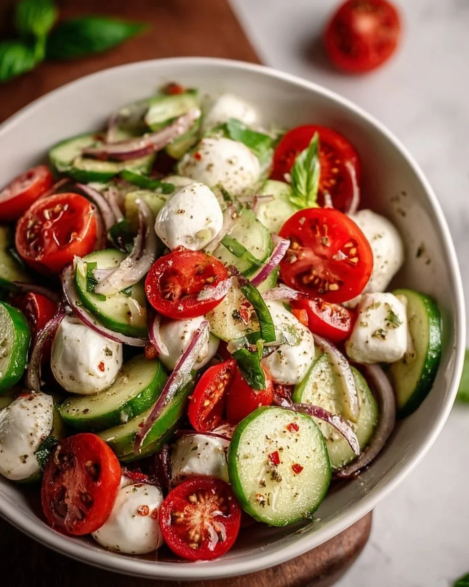 Juicy Cucumber Caprese Salad with fresh mozzarella and basil