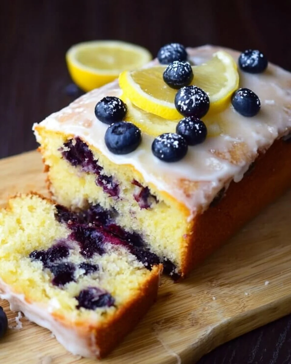 Slice of lemon blueberry cake with fresh blueberries on top