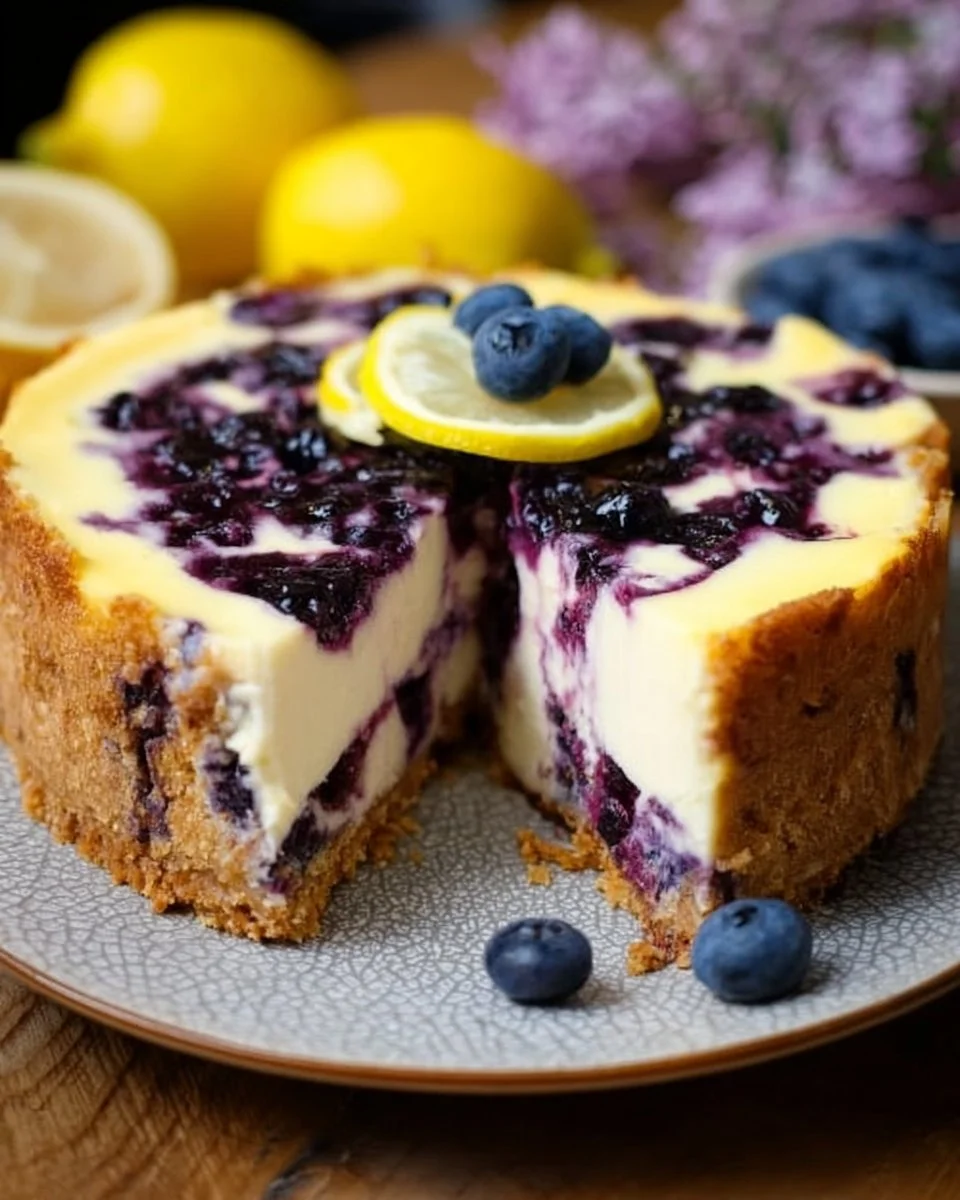 Slice of lemon blueberry cheesecake topped with fresh blueberries and lemon zest.