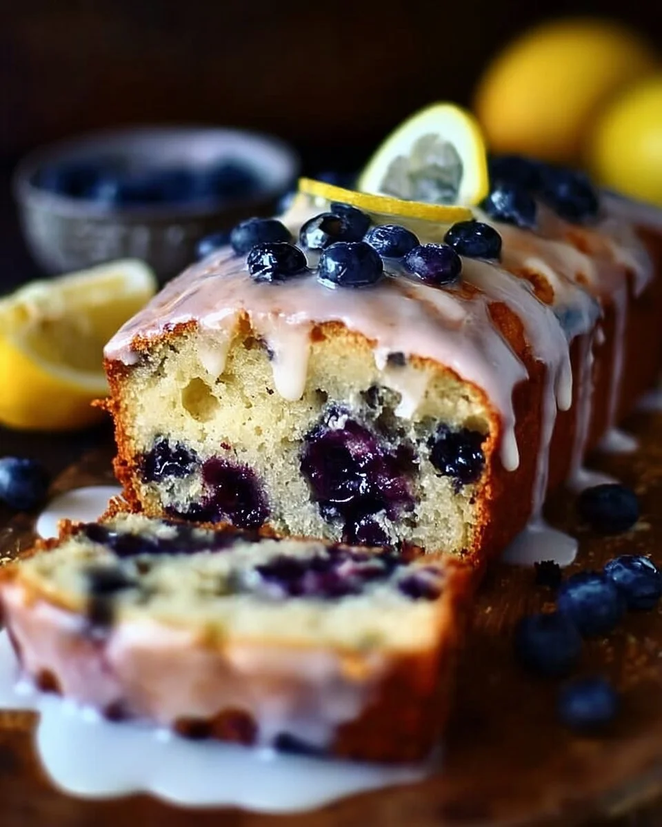 Freshly baked Lemon Blueberry Loaf topped with lemon glaze