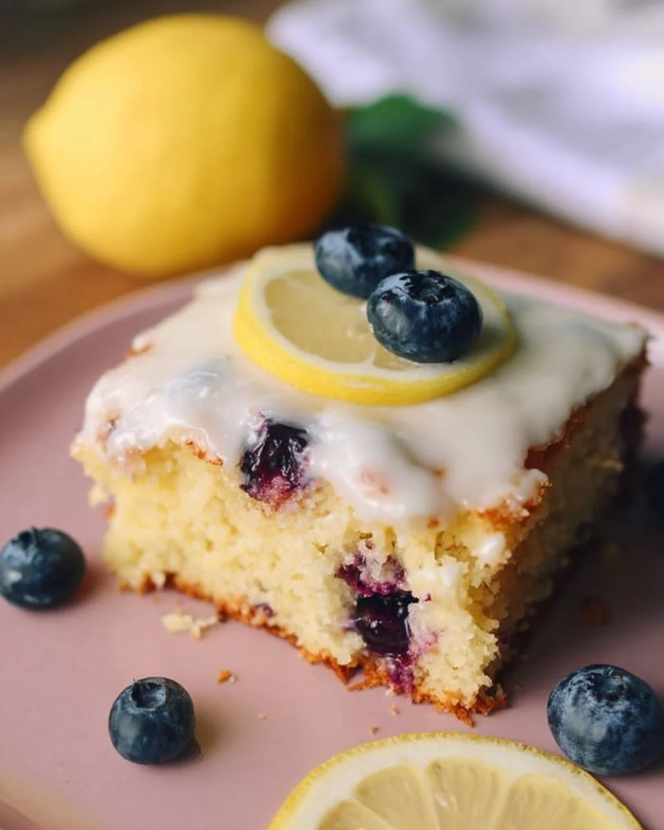 Deliciously vibrant Lemon Blueberry Sheet Cake with fresh blueberries and lemon icing.