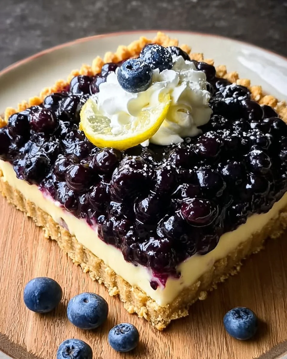 Sliced Lemon Blueberry Tart topped with fresh blueberries and lemon zest