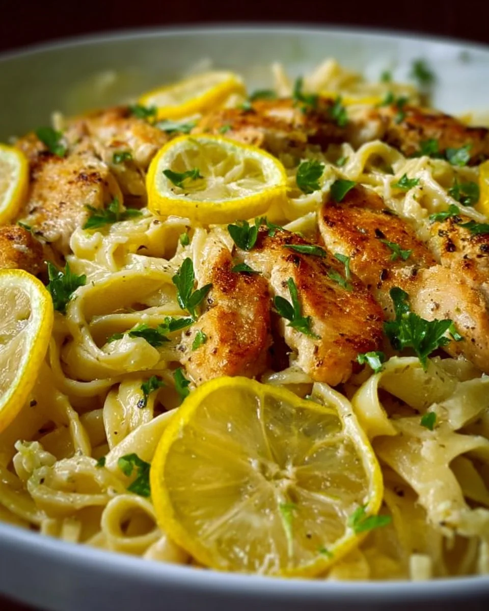 A delicious plate of lemon chicken pasta garnished with parsley and lemon slices.