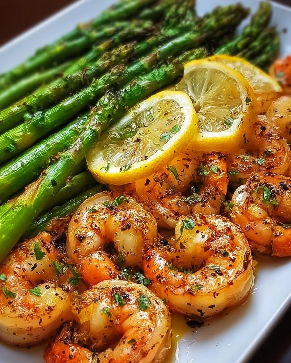 Plate of Lemon Garlic Shrimp with Asparagus served with lemon slices and herbs.
