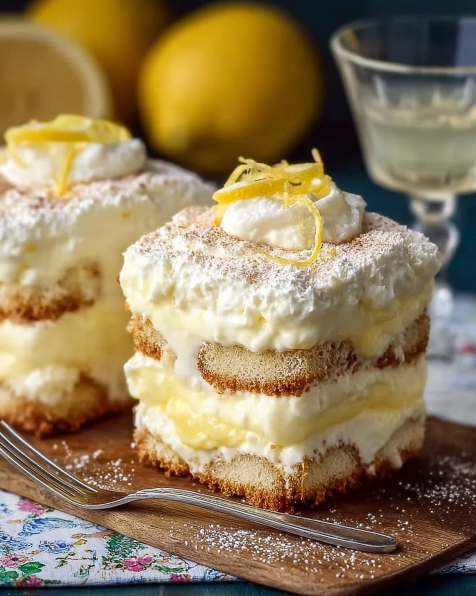 Delicious lemon limoncello tiramisu dessert topped with zest and cocoa powder.