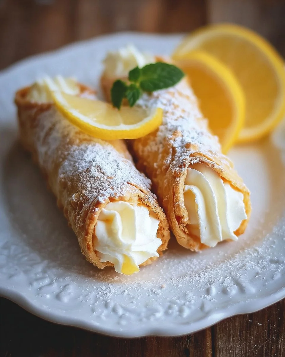 Lemon Meringue Pie Cannolis topped with whipped meringue and lemon zest.