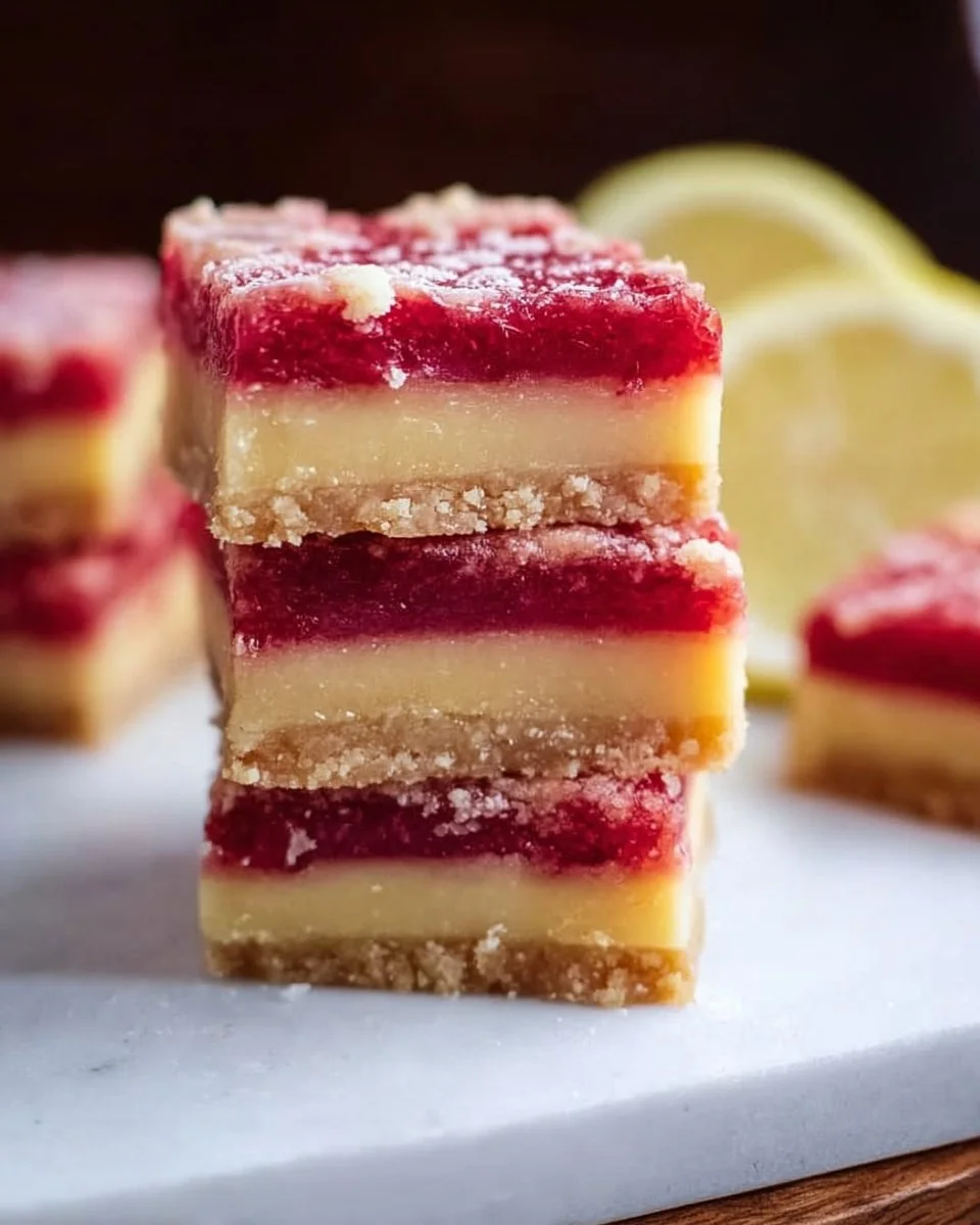 Delicious homemade lemon raspberry bars with fresh fruit topping.