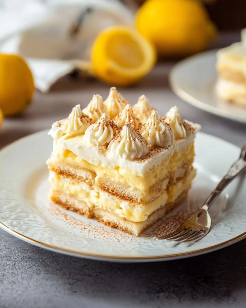 Refreshing Lemon Tiramisu dessert with layers of lemon cream and coffee-soaked biscuits
