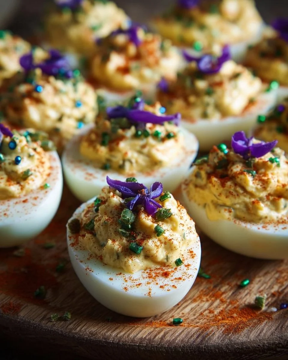 Festive Mardi Gras Deviled Eggs decorated for a celebration