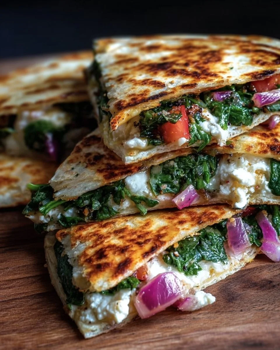 Mediterranean Quesadillas with spinach, feta, mozzarella, and red onion.