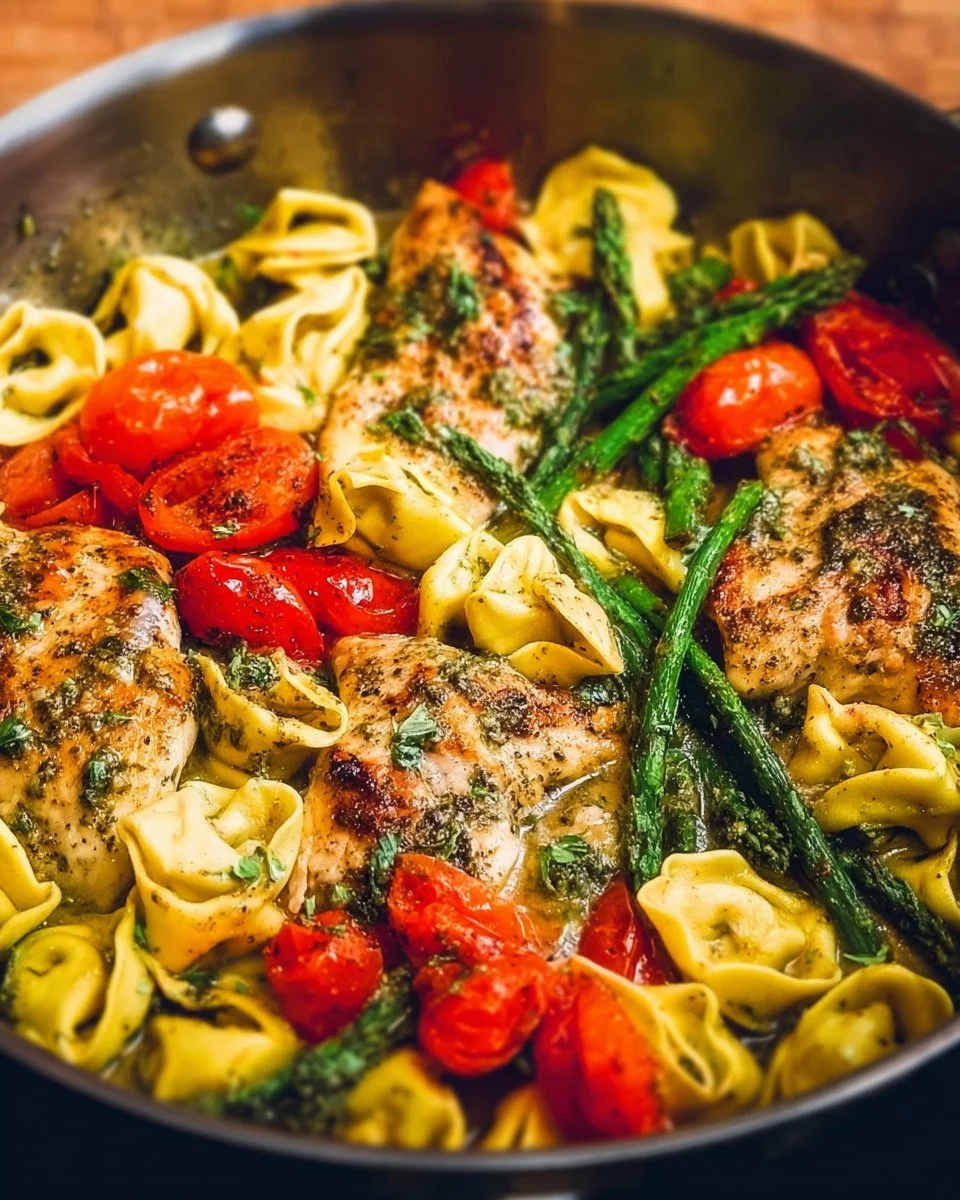 One-Pan Pesto Chicken with Tortellini and Fresh Veggies in a skillet