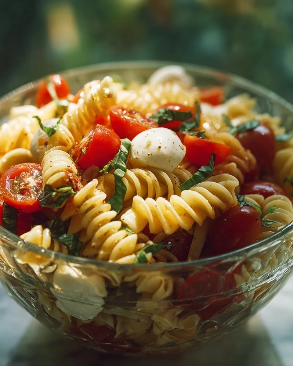Colorful pasta salad with fresh vegetables and dressing served in a bowl
