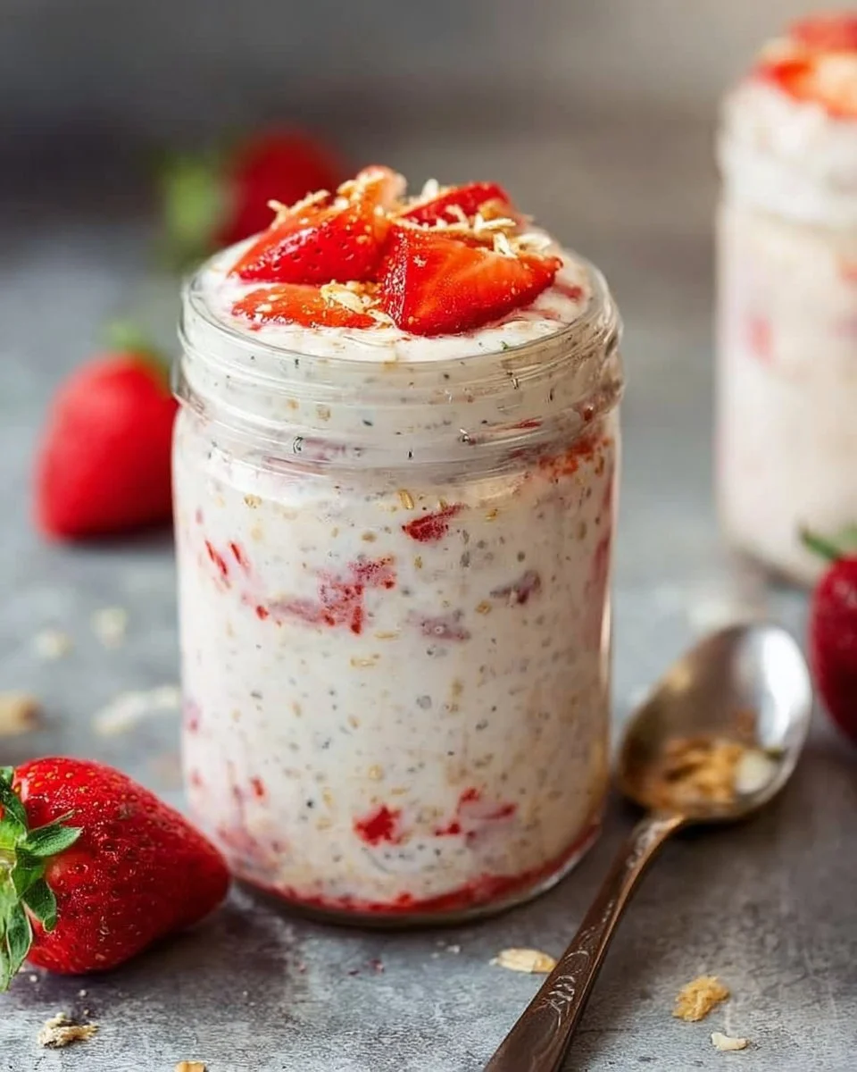 Bowl of Protein Strawberry Cheesecake overnight oats topped with fresh strawberries.