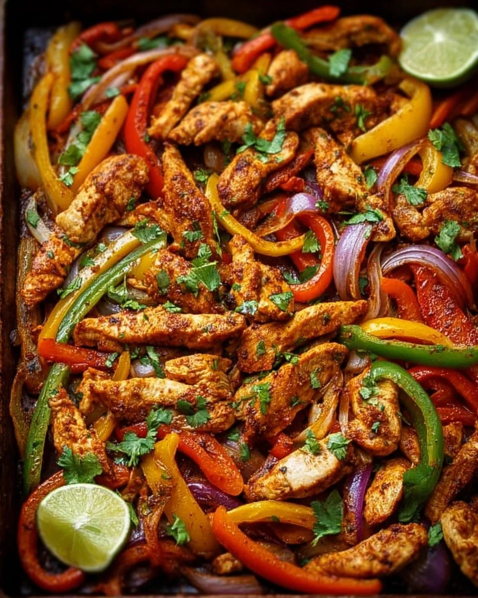Sheet pan chicken fajitas garnished with colorful peppers and onions