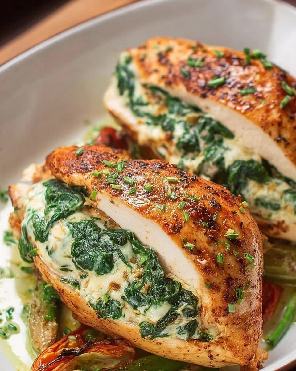 Juicy spinach stuffed chicken breasts garnished and ready to serve