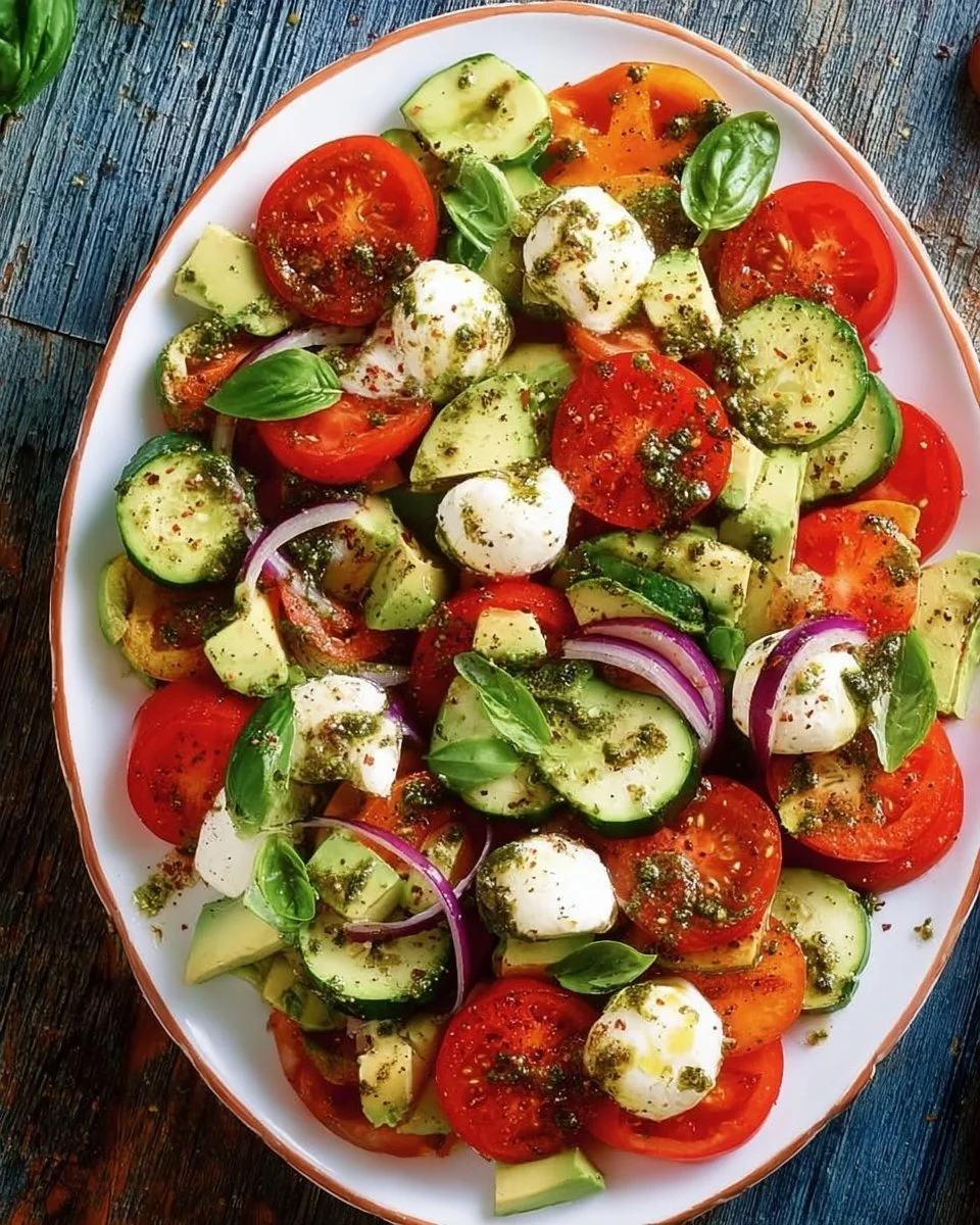 Spring Tomato Cucumber Salad with Avocado, Mozzarella, and Basil Pesto
