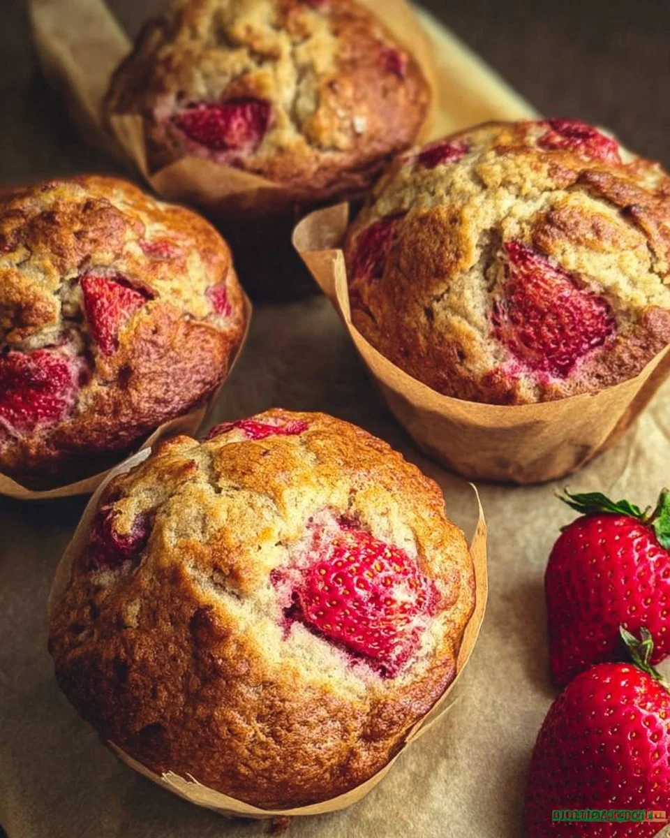 Freshly baked strawberry banana muffins on a cooling rack