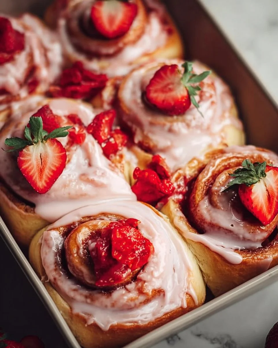 Freshly baked strawberry cinnamon rolls with a sweet glaze