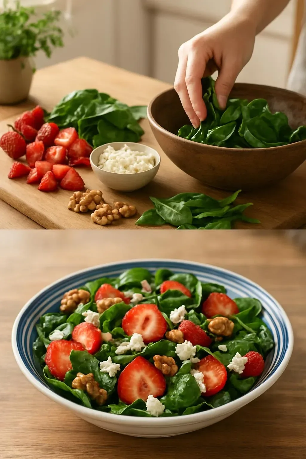 Fresh Strawberry Feta Salad with spinach and dressing